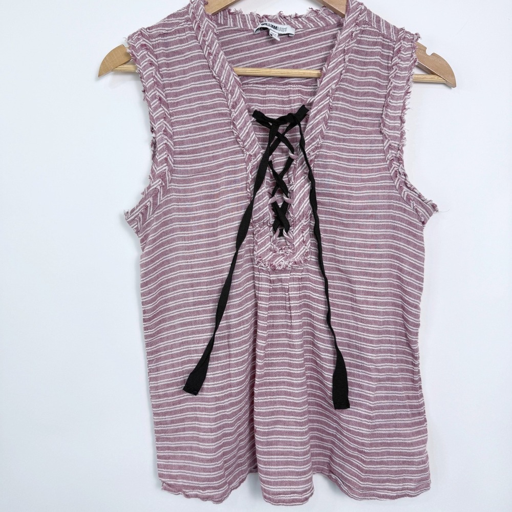 William Rast Sleeveless‎ Top Medium Maroon Striped Lace Up Detail Frayed Trim